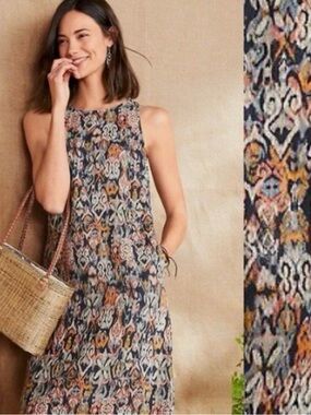 Garnet  Hill linenSleeveless Printed Maxi Dress in Navy and Rust size 8